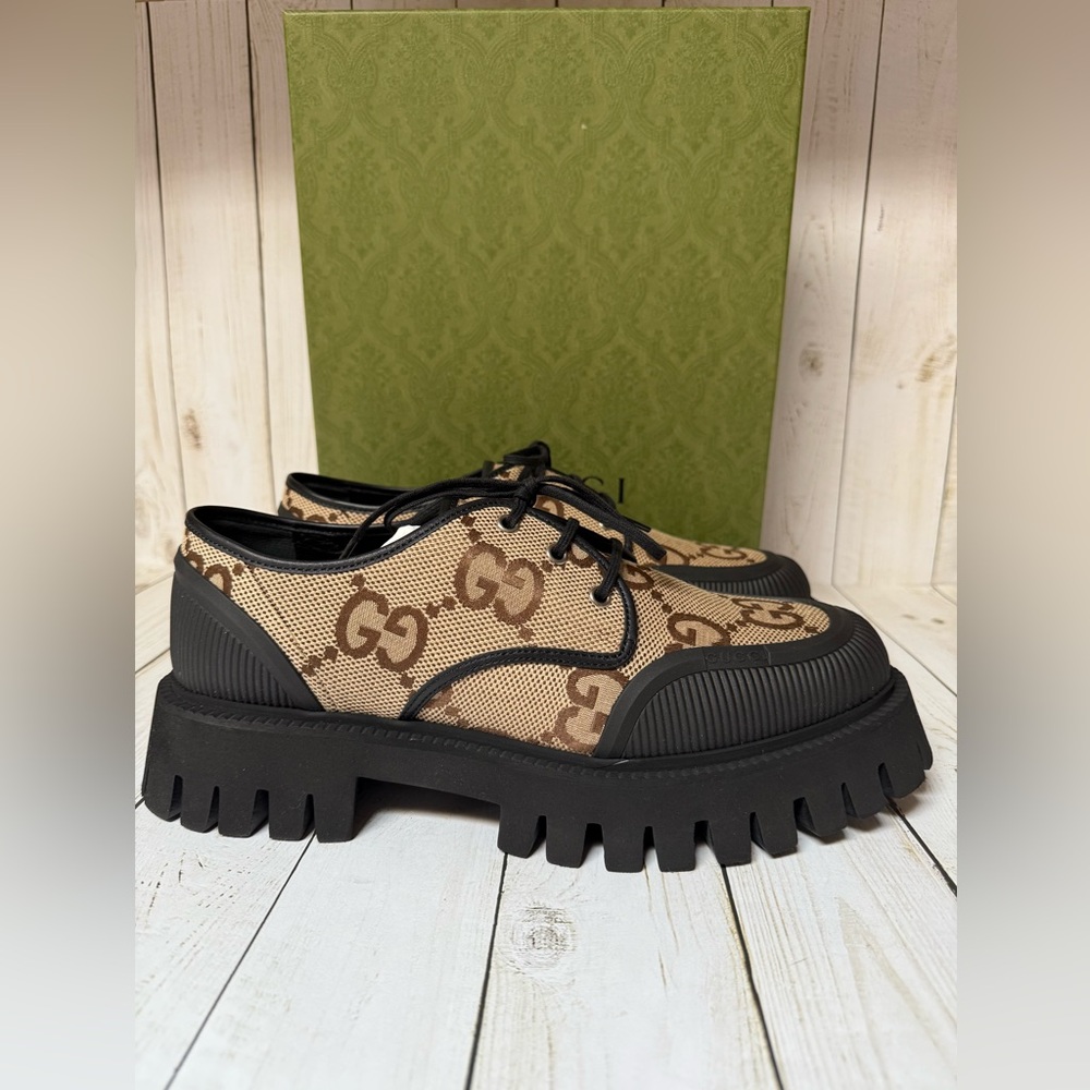 Gucci Monogram Jumbo Maxi GG Lace Up Derby Camel Ebony Black Sz 11G / 12US - Picture 2 of 12